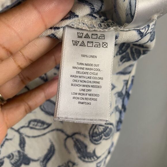 Rachel Zoe 100% Linen Blue White Floral Button Down Shirt Blouse Top Medium - Picture 4 of 7